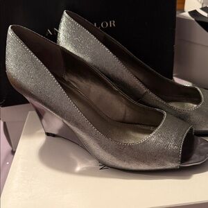 Bandolino Metallic Silver Peep-Toe Wedges